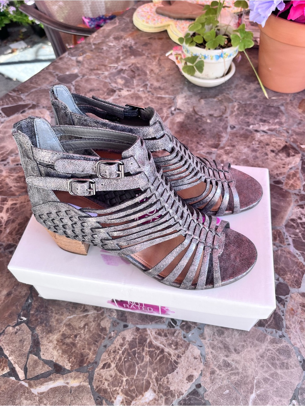 “Not Rated” Metallic Silver Strappy Block Heel Sandals
